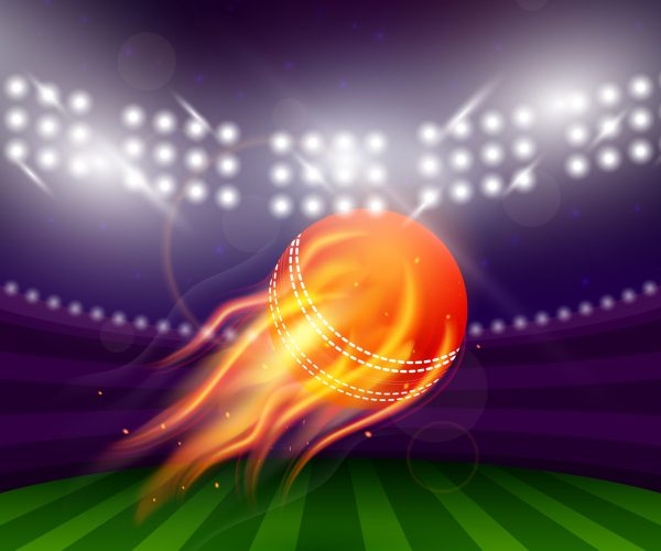 Stadium of cricket at night with flying ball in fire vector illustration